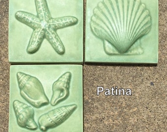 6 Colors IN STOCK -- 3x3 SeaShore tiles in Sets of 3, Matte and Semi-Matte Glazes, Set A -- Starfish, Scallop Shell, 4Shells