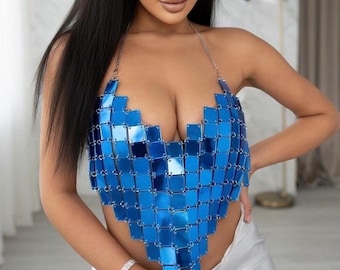 Blue Mirror Metal Top, Festival Mirror Crop Top, Rave Outfit Top, Disco Party Halter, Reflective Body Chain Top, Clubwear Statement Top