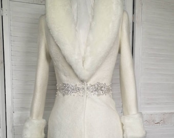 Long manteau de mariée ivoire, robe de mariée d'hiver, manteau de mariée ivoire, veste blanche en alpaga, veste en laine feutrée, manteau en laine, manteau de mariage
