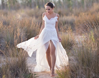 Boho Wedding Dress, Silk Wedding Dress, Felt Wedding Dress, Beach Wedding, Bohemian Bridal Dress, Slit Wedding Gown, Sleeveless Dress