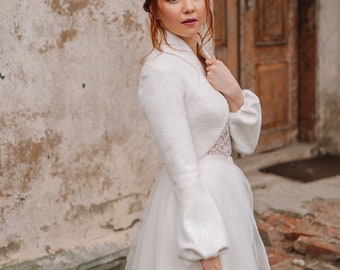 Boléro de mariée manches bouffantes, veste de mariée courte, couverture de mariée de mariage, boléro de mariée à manches longues, boléro blanc en laine, robe de mariée bouffante