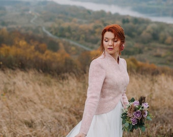 Long Back Dusty Pink Jacket, Bridal Jacket, Felted Pink Bolero, Bridal Shrug Bolero, Dusty Rose Wedding Jacket, Blush Short Coat, Blazer