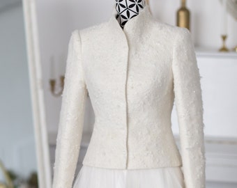 Short Alpaca Bridal Coat, Winter Wedding Dress Jacket, Alpaca White Bridal Jacket, Alpaca Wool Felted Jacket, Bride jacket for wedding