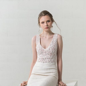 Bespoke embroidered elegant wedding Dress, Felted Wedding Dress, Pencil Midi Dress, Wedding Guest Dress,  Sleeveless Dress, Deep V neck