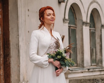 Bolero da sposa con maniche a sbuffo in avorio, giacca da sposa corta, matrimonio, copertura da sposa, giacca in feltro da donna, bolero bianco di lana, abito da sposa a sbuffo