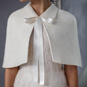 Short Bridal Cape, Felted Wool Capelet, Alpaca Wool Cape, Bridal Cover Up, Wedding Shrug, Elegant Cape, Wedding Bolero, White wool  Cape,