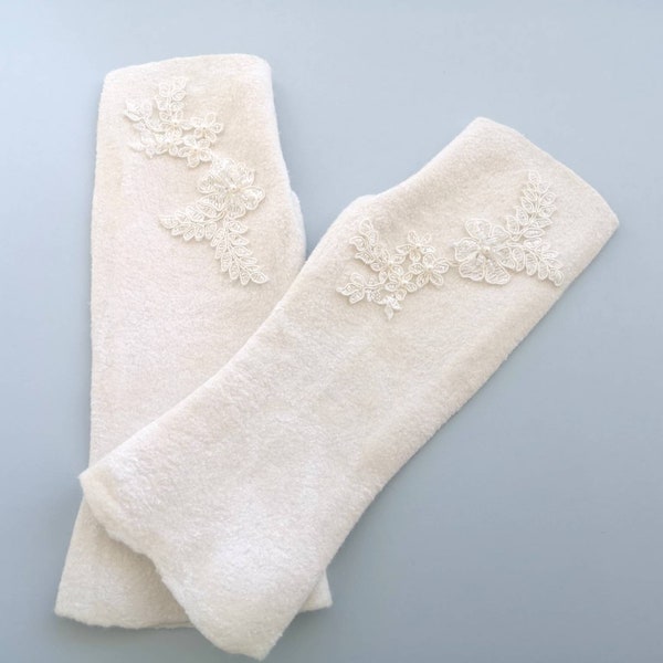 Gants sans doigts, mitaines de mariée, chauffe-bras de mariée, mitaines de mariage d'hiver, gants feutrés avec dentelle, chauffe-mains en laine, mariage d'automne