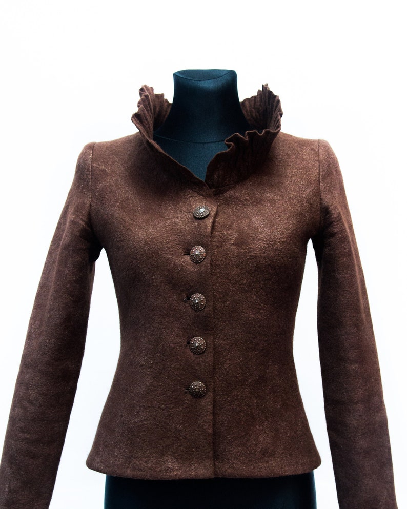 Felted Jacket for Women, Brown Short Coat, Original collar Jacket, Collar Jacket, Wool Jacket, Elegant Jacket, Minimalist Jacket, Button image 4