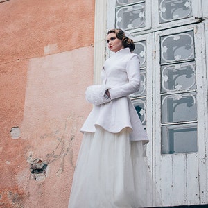 Bridal Coat Winter, White Peplum Coat, Bridal Felted coat, Warm Elegant Coat, white Coat, White Wedding coat, Winter Wedding dress image 1
