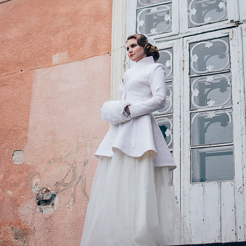 Bridal Coat Winter, White Peplum Coat, Bridal Felted coat, Warm Elegant Coat, white Coat, White Wedding coat, Winter Wedding dress image 1