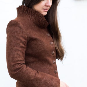 Felted Jacket for Women, Brown Short Coat, Original collar Jacket, Collar Jacket, Wool Jacket, Elegant Jacket, Minimalist Jacket, Button image 2