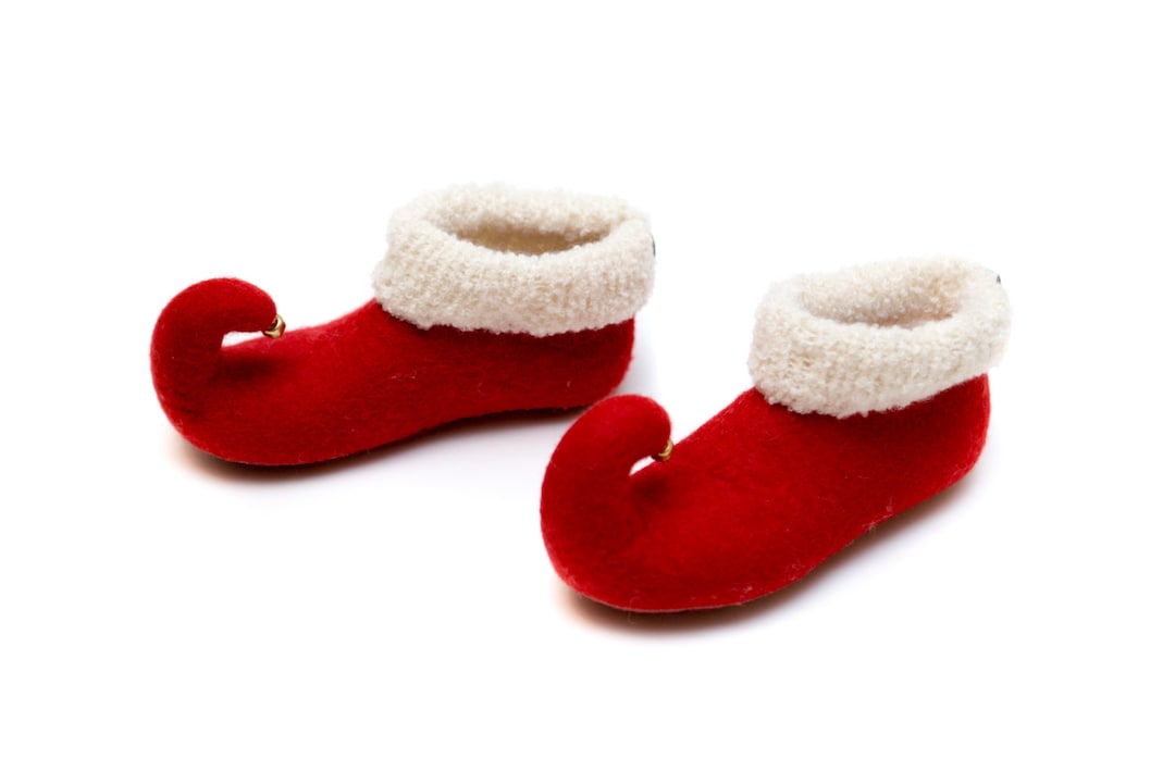 Red Elf Slippers, Grinch Shoes, Felted Slippers for Christmas, Red Elf