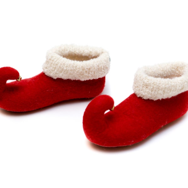 Pantoufles elfes rouges, chaussures Grinch, pantoufles feutrées pour Noël, bottes elfes rouges, chaussures feutrées féeriques, pantoufles feutrées en laine, chaussons elfes en laine