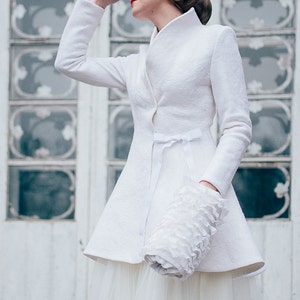 Bridal Coat Winter, White Peplum Coat, Bridal Felted coat, Warm Elegant Coat, white Coat, White Wedding coat, Winter Wedding dress image 2
