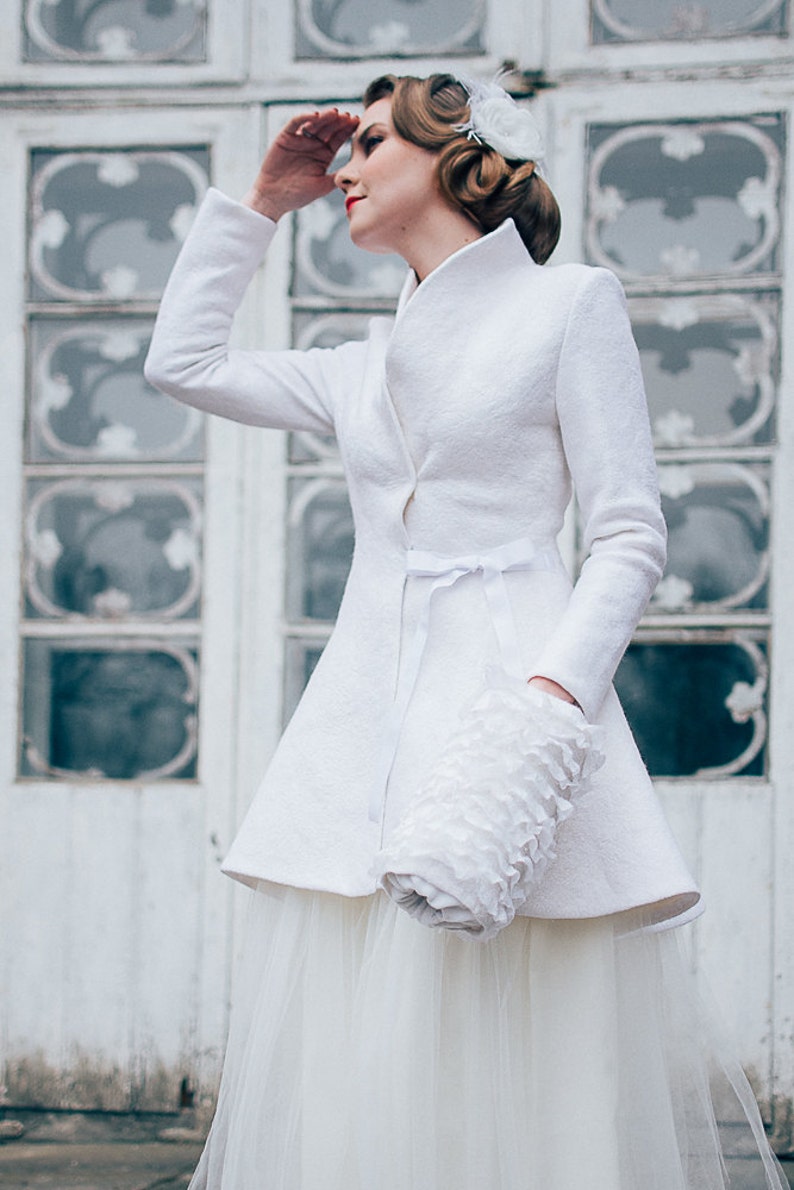 Bridal Coat Winter, White Peplum Coat, Bridal Felted coat, Warm Elegant Coat, white Coat, White Wedding coat, Winter Wedding dress image 2