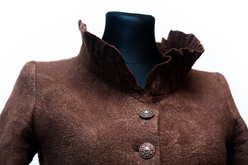 Felted Jacket for Women, Brown Short Coat, Original collar Jacket, Collar Jacket, Wool Jacket, Elegant Jacket, Minimalist Jacket, Button image 5