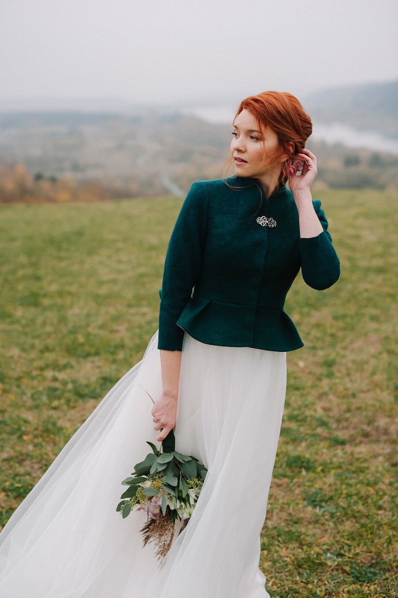 Scottish style bridal Jacket, Bridal Jacket, Felted Green Bolero, Scotland Wedding Jacket, Forest Green Coat, Blazer image 3