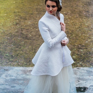 Bridal Coat Winter, White Peplum Coat, Bridal Felted coat, Warm Elegant Coat, white Coat, White Wedding coat, Winter Wedding dress image 4