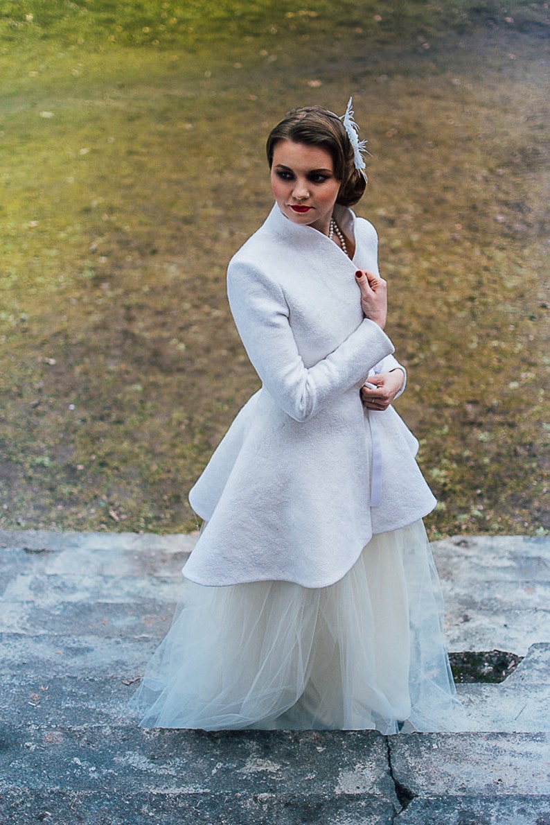 Bridal Coat Winter, White Peplum Coat, Bridal Felted coat, Warm Elegant Coat, white Coat, White Wedding coat, Winter Wedding dress image 4