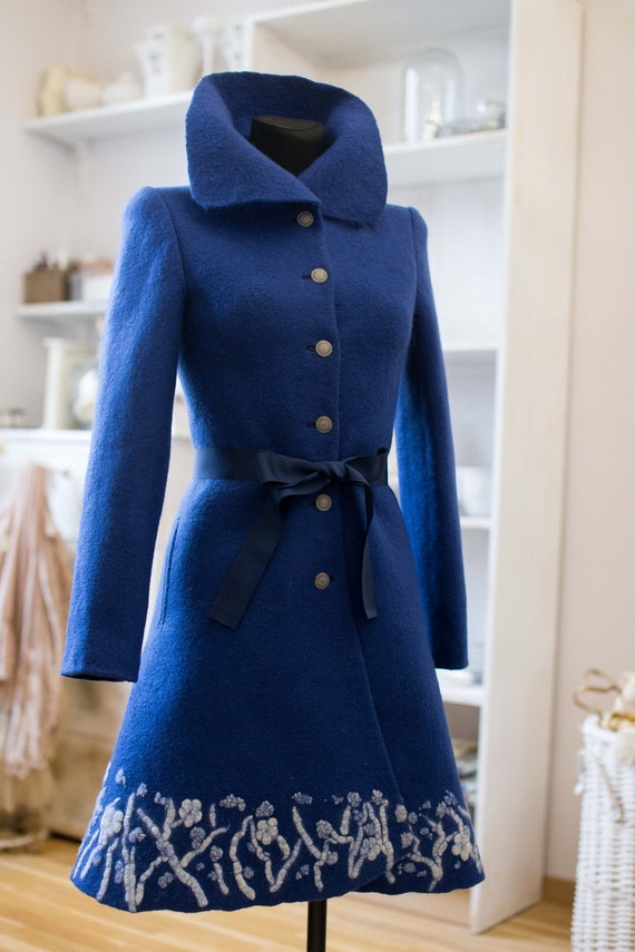 Women Wool Coat, Blue Felted Coat, Fit and Flare Coat, Single Breasted Coat,  Coat With Buttons, Collar Coat, 1980s Coat, Fitted Coat,elegant 