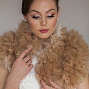Honey brown alpaca fur collar, Fur alpaca wrap for bride, eco fur, Fur felted collar, collar for winter wedding