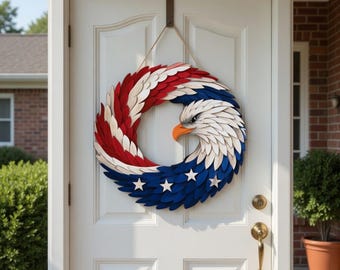 Patriotic Eagle Wooden Wreath Sign, USA Door Hanger, American Flag Decor, 4th of July Wreath, Independence Day Wall Decor