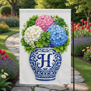 Personalized Hydrangea Garden Flag, Custom Initial Flag, Floral Monogram Outdoor Decor, Farmhouse Garden Flag