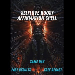 Peut inclure: Image d'art numérique représentant une figure sombre et texturée avec les bras tendus, rayonnant de lumière. Le texte "SELFLOVE BOOST AFFIRMATION SPELL" est en haut, avec "SAME DAY", "FAST RESULTS" et "FREE RECAST" en bas.