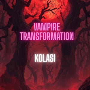 Może przedstawiać: Cyfrowa grafika o mrocznym, gotyckim motywie. Obraz przedstawia czerwone niebo z pełnią księżyca, sylwetki drzew i tekst "VAMPIRE TRANSFORMATION" w różowym neonie. Słowo "KOLASI" znajduje się poniżej.