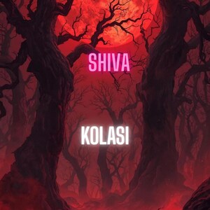 Puede incluir: Una obra de arte digital con una escena de bosque oscura y ominosa. La imagen está dominada por tonos rojos profundos, con árboles sin hojas y una gran luna roja brillante. Las palabras "SHIVA" y "KOLASI" se muestran en neón.
