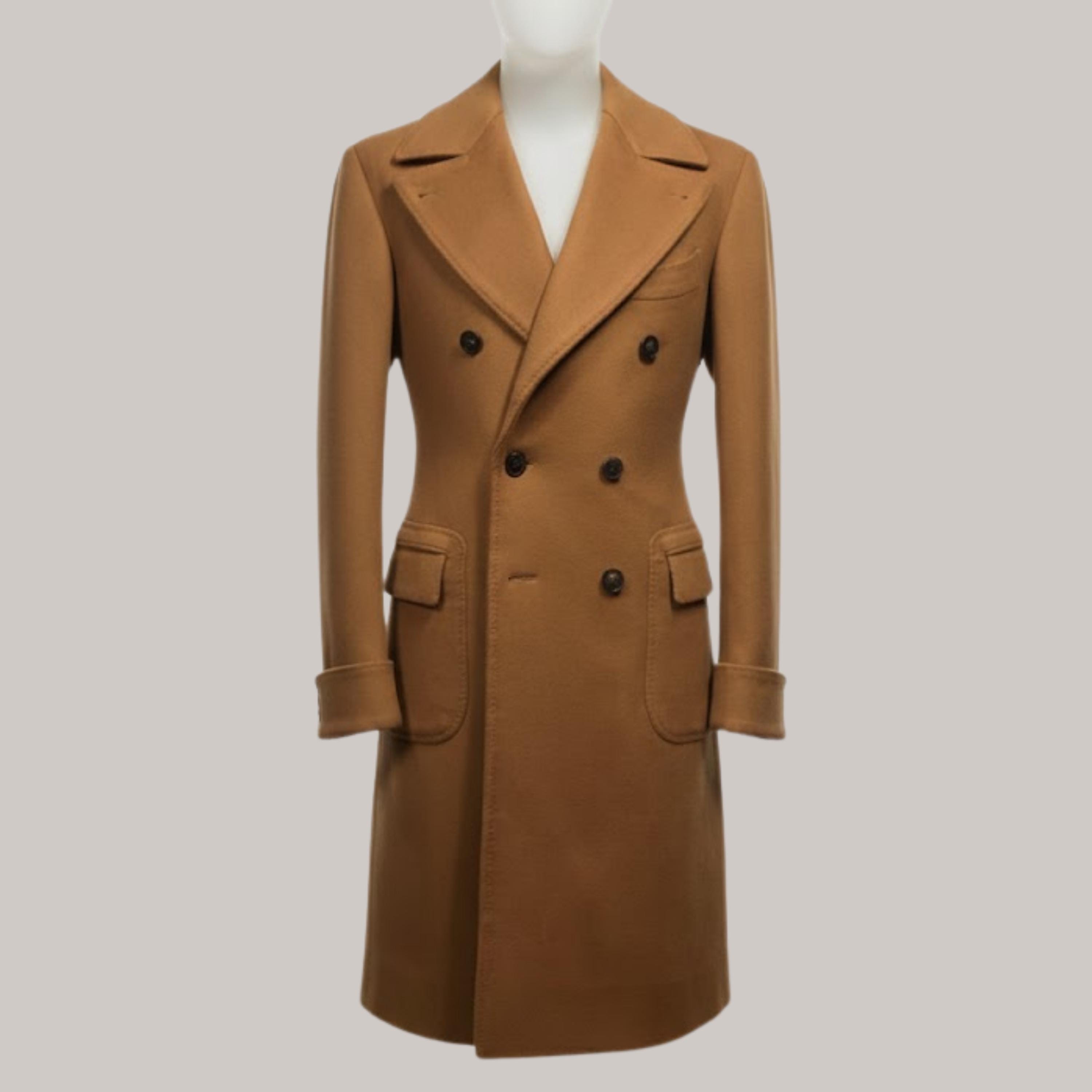 tobacco overcoat Slim Fit Cachet Notch Lapel Wool Blend Cashmere Blend Manteaux Coat in Tobacco Men's Tobacco Overcoat Brown Double-Breasted