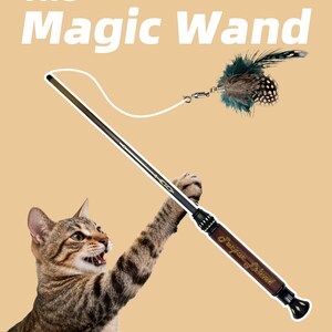 Könnte beinhalten: Ein Katzenspielzeug namens "The Magic Wand" mit einer Feder und einem braunen und schwarzen Griff. Die Katze greift nach dem Spielzeug. Der Text "Happiness for you and your cat" steht unten.