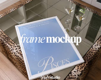 White Frame Mockup PSD, Coffee Table Poster Mockup, Top View Frame Mockup, Vertical Wall Art Mockup, Smart Object