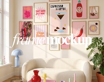Gallery Wall Mockup, Multiple Oak Frame Mockup, Poster Wall Mockup, PSD Smart Object, Living Room Wall Art Mockup, Gallery Display