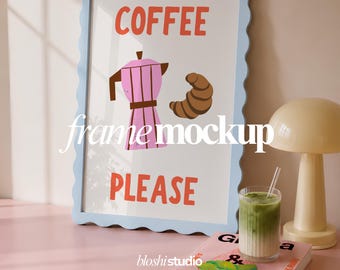Scalloped Blue Frame Mockup, Pastel Poster Mockup, Wavy Picture Frame Mockup, Printable Wall Art Mockup, Feminine Desk Scene