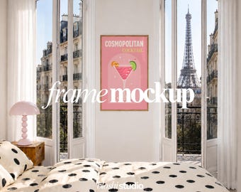 Paris Bedroom Frame Mockup PSD, Eiffel Tower View Poster Mockup, French Apartment Wall Art Mockup, Smart Object