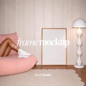 Pink Sofa Frame Mockup, Vertical Poster Mockup, PSD Frame Mockup, Living Room Mockup, Styled Frame Mockup, Smart Object Frame Mockup