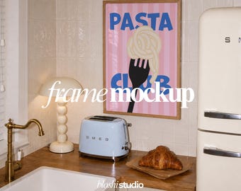 Kitchen Frame Mockup, Kitchen Poster Mockup, PSD Frame Mockup, Wooden Frame Mockup, Vertical Frame Mockup, Smart Object Frame Mockup