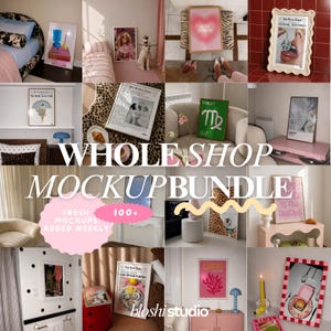 May include: A collection of various framed art prints and posters displayed in diverse interior settings, featuring graphic designs, typography, and photography, with a central pink overlay text reading WHOLE SHOP MOCKUP BUNDLE.