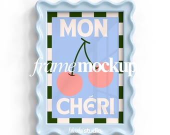 Blue Wavy Frame Mockup PSD, Vertical Frame Mockup, Pastel Blue Frame Mockup, Poster Mockup, Printable Wall Art Mockup, Modern Frame Mockup