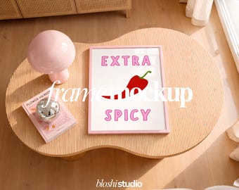 Top View Frame Mockup PSD | Pink Coffee Table Flat Lay Poster Mockup | Feminine Home Decor Display