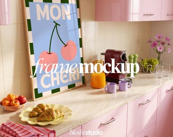 Kitchen Counter Frame Mockup, Kitchen Poster Mockup, Oak Frame Mockup, PSD Smart Object, Modern Kitchen Mockup, Styled Wall Art Mockup