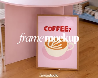 Pink Studio Desk Frame Mockup PSD | Feminine Workspace Poster Mockup | Creative Office Floor Frame Scene