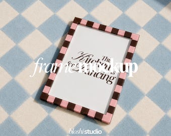 Checkered Frame Mockup, Pink Brown Poster Frame Mockup, Flat Lay Art Mockup, Colorful PSD Mockup, Smart Object, Print Mockup