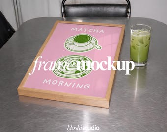 Desk Frame Mockup PSD with Matcha Latte | Minimal Workspace Poster Mockup | Creative Studio Table Display