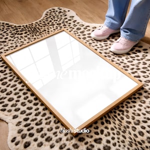 Editorial Frame Mockup PSD, Fashion Poster Display Template on Leopard Rug Scene