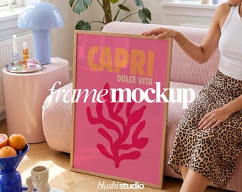 Oak Frame Mockup, Lifestyle Poster Mockup, Woman Holding Frame PSD Mockup, Smart Object, Wall Art Mockup