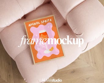 Colorful Frame Mockup, Pink Sofa Poster Mockup, Oak Wood Frame PSD, Smart Object Mockup, Bright Interior Wall Art Mockup