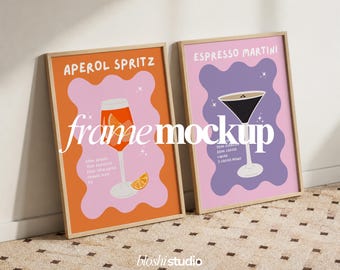 Set of 2 Frame Mockup, Two Poster Mockup, Oak Wood Frame Mockups, PSD Smart Object, Bright Wall Art Mockup