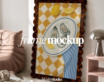 Tortoiseshell Frame Mockup, Scalloped Poster Frame Mockup, Lifestyle PSD Mockup, Large Wall Art Mockup, Smart Object Mockup